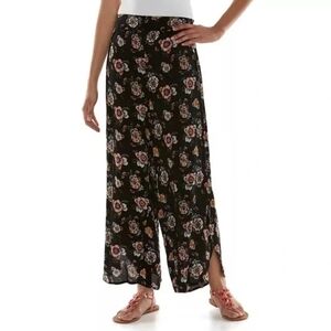 MUDD Black Floral Wide Leg Side Split Pants | SZ S
